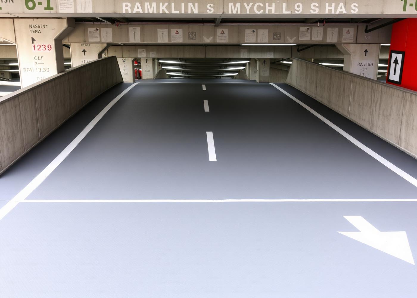 Commercial parking ramp with gray traffic coating and white directional markings