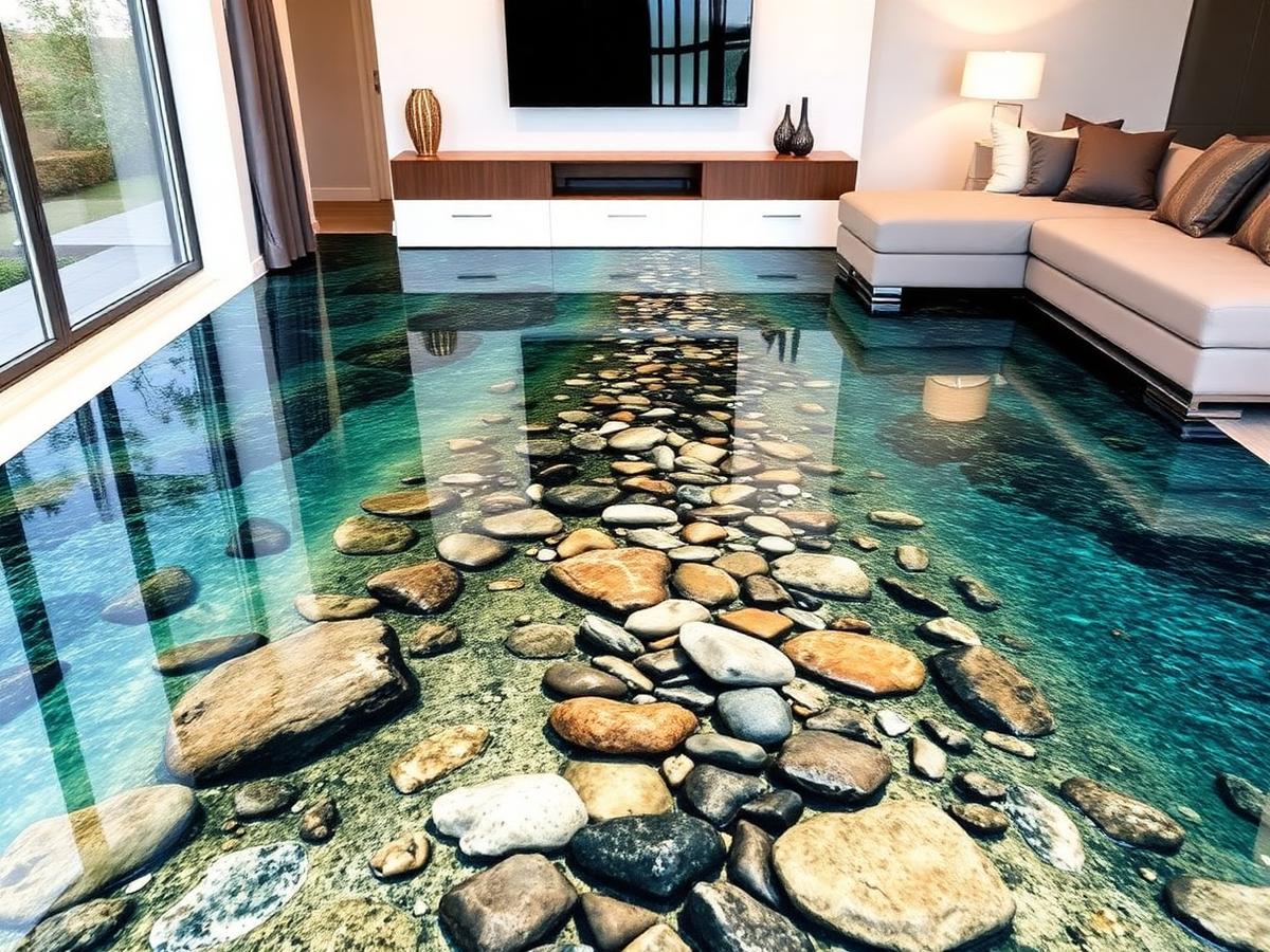 3D epoxy river and pebble floor in a living room