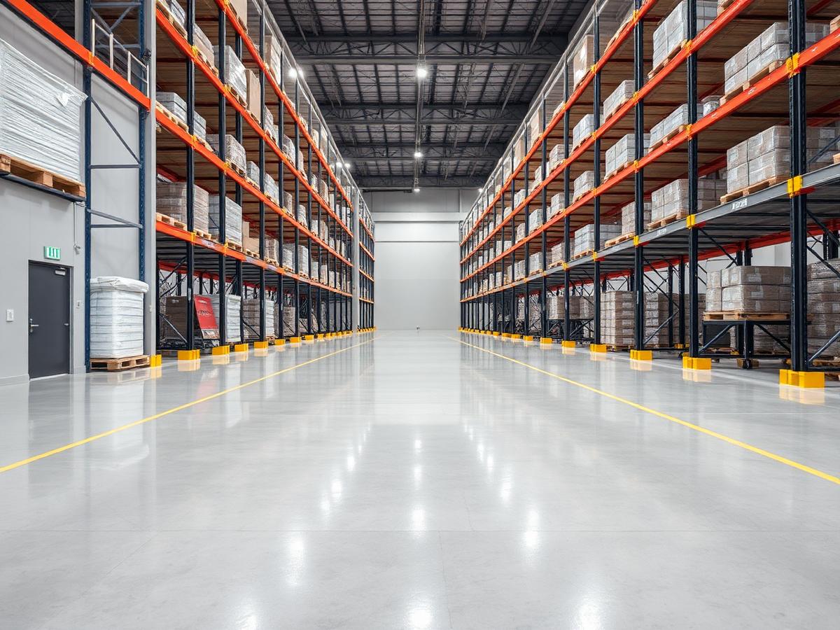 Clean modern warehouse with professionally finished industrial epoxy flooring
