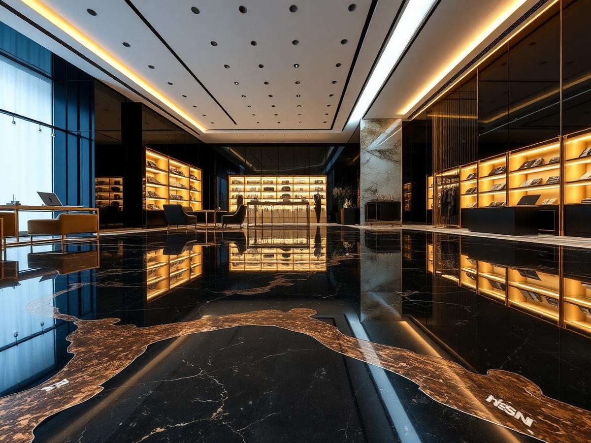 Luxury retail interior with black and gold metallic epoxy flooring