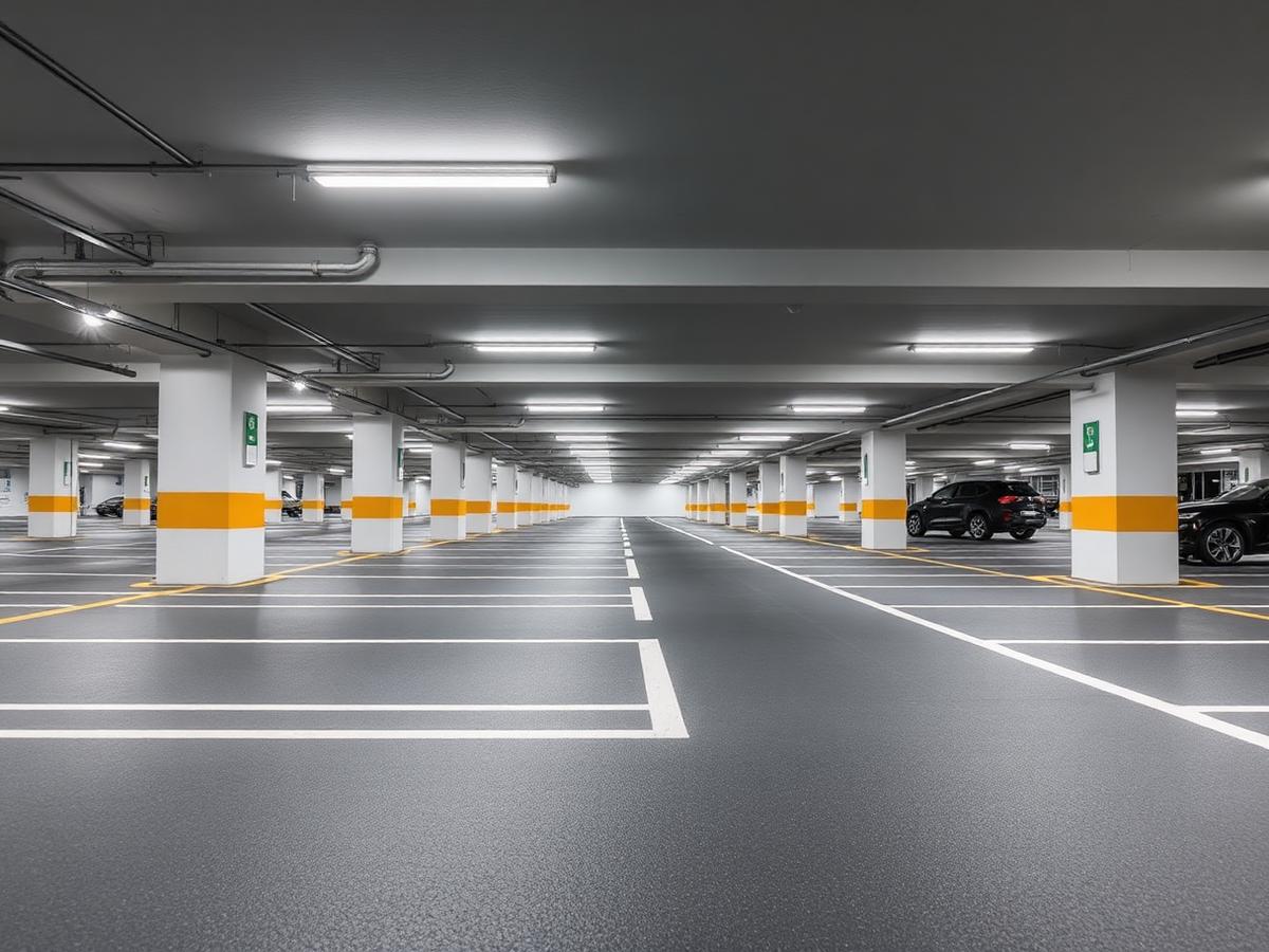 Modern commercial parking garage with gray flooring and white line markings
